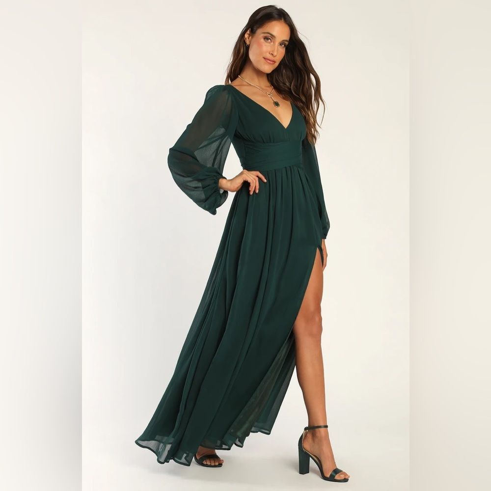Lulus Enchant My Love Emerald Green V-Neck Long Sleeve Maxi Dress